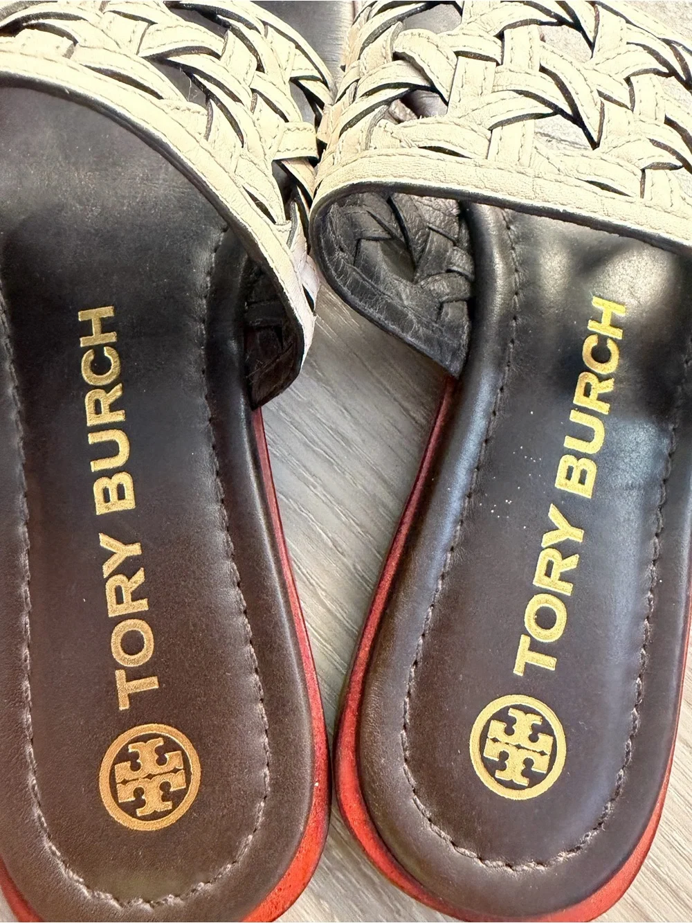 Tory Burch Black Footbed White Woven Toe-Loop Slide Sandals